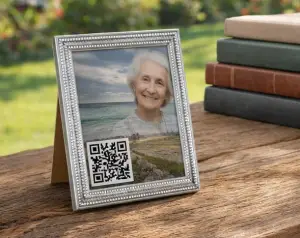Online Gedenkseite inkl. QR-Code im Bilderrahmen für Ihr Zuhause Größe 8,89 x 12,7 cm           ERÖFFNUNGSANGEBOT