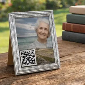 Online Gedenkseite inkl. QR-Code im Bilderrahmen für Ihr Zuhause Größe 8,89 x 12,7 cm           ERÖFFNUNGSANGEBOT
